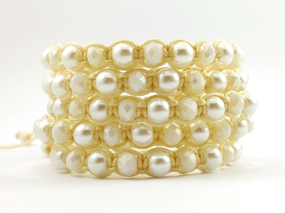 Handmade Shamballa pearl bracelet with beige macrame cord