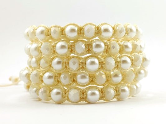 Handmade Shamballa pearl bracelet with beige macrame cord