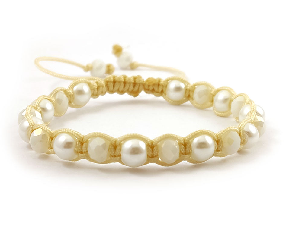 Beige-cream cord bracelet with white pearls and crystals