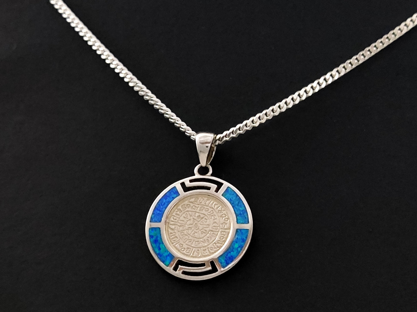 Phaistos Disc Blue Opal Greek Silver Necklace Pendant 19mm