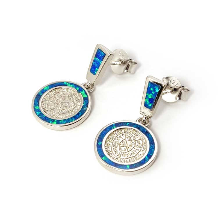 “blue opal Phaistos Disc earrings 11 mm (0.43 in) wide made in Greece”