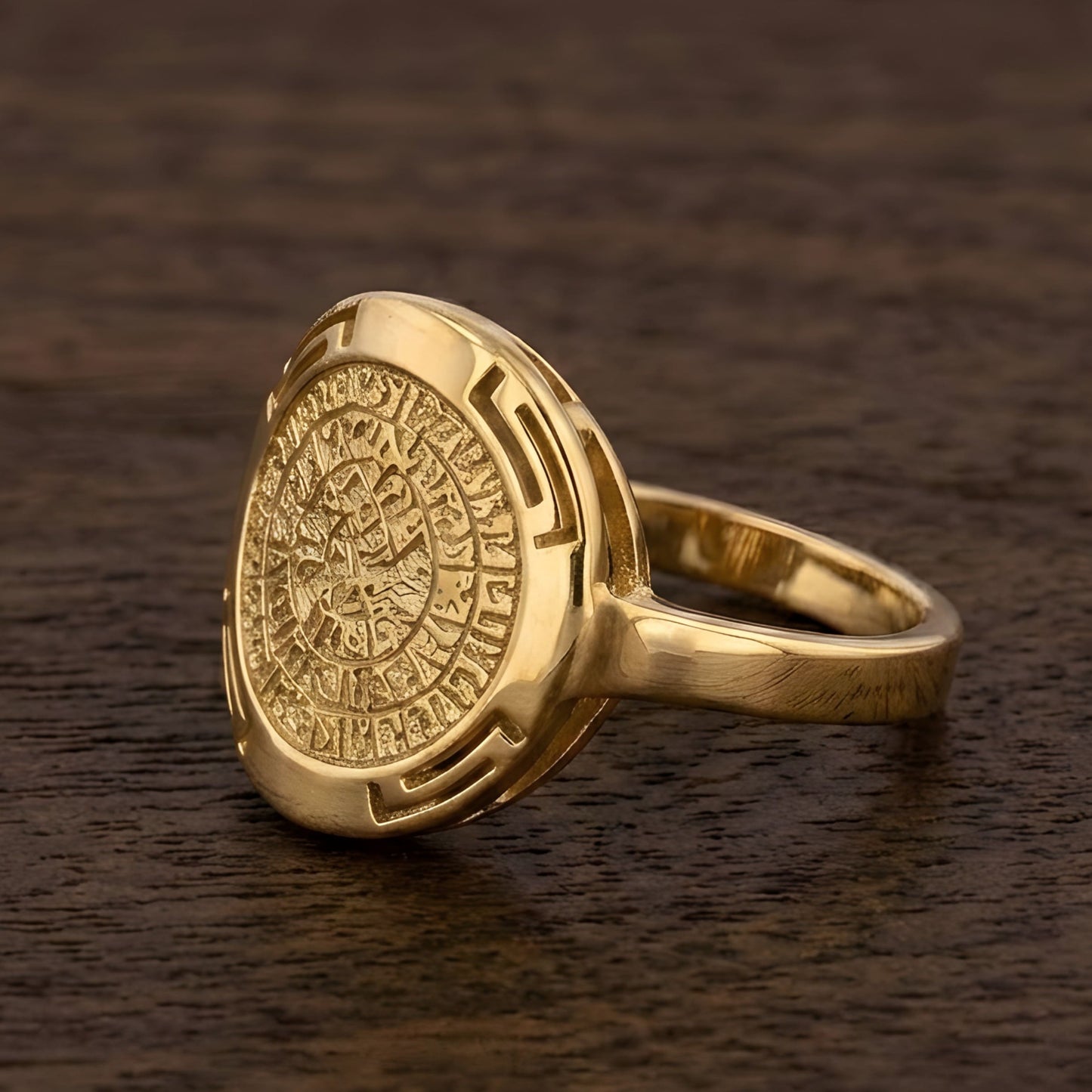 Gold plated Greek ring with Phaistos Disc and Meander design