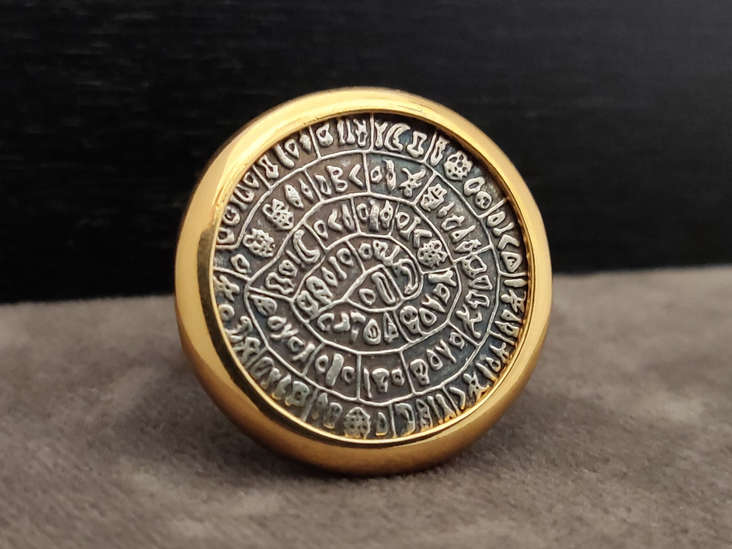 Phaistos Disc Greek Silver Gold Plated Ring 26mm