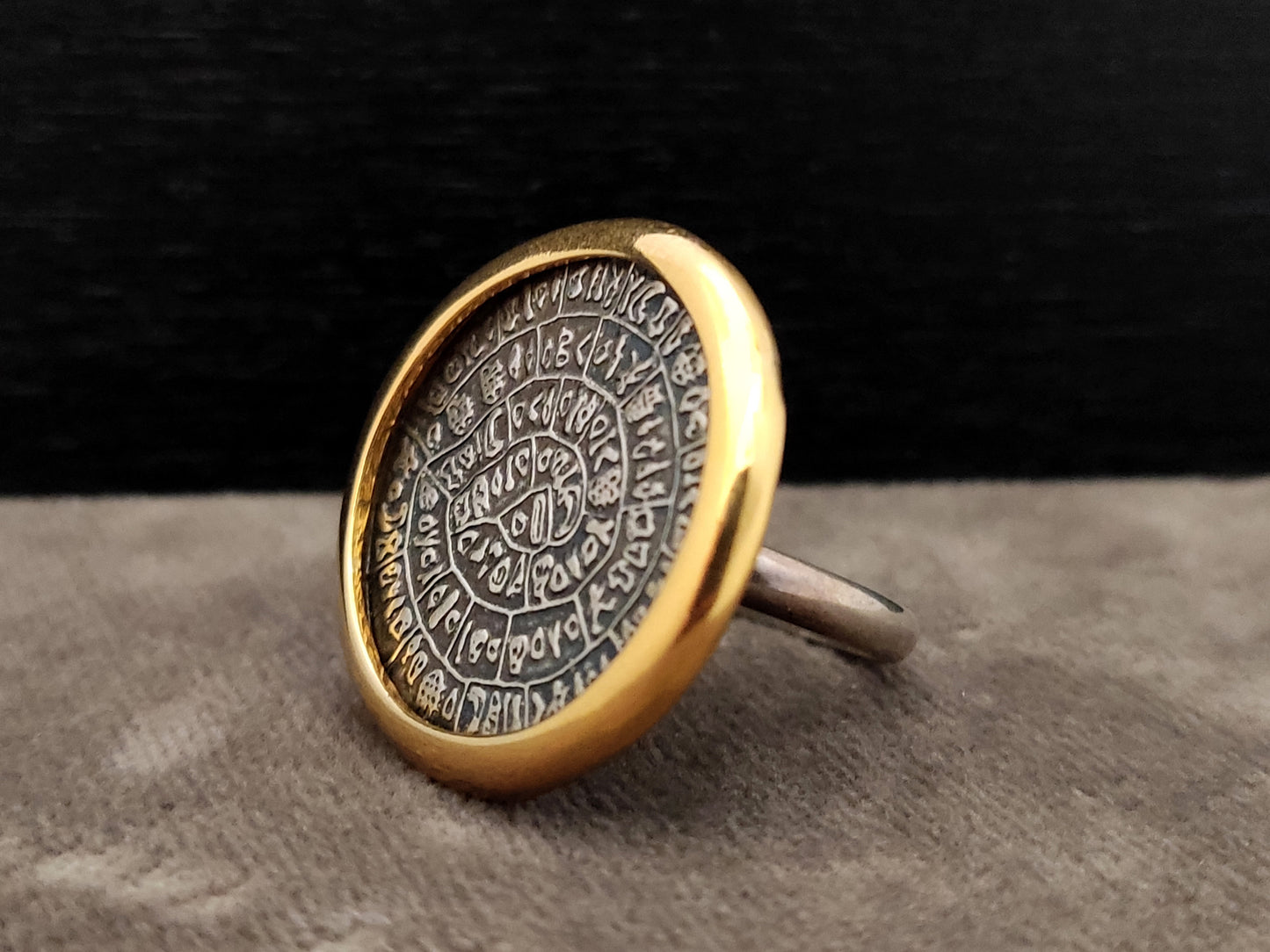 Phaistos Disc Greek Silver Gold Plated Ring 26mm