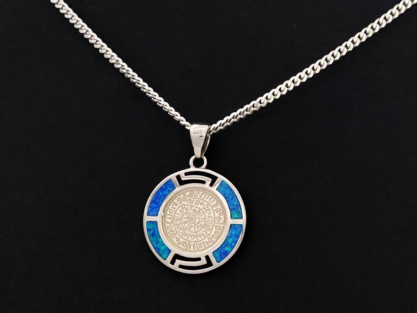 Phaistos Disc Blue Opal Greek Silver Necklace Pendant 19mm