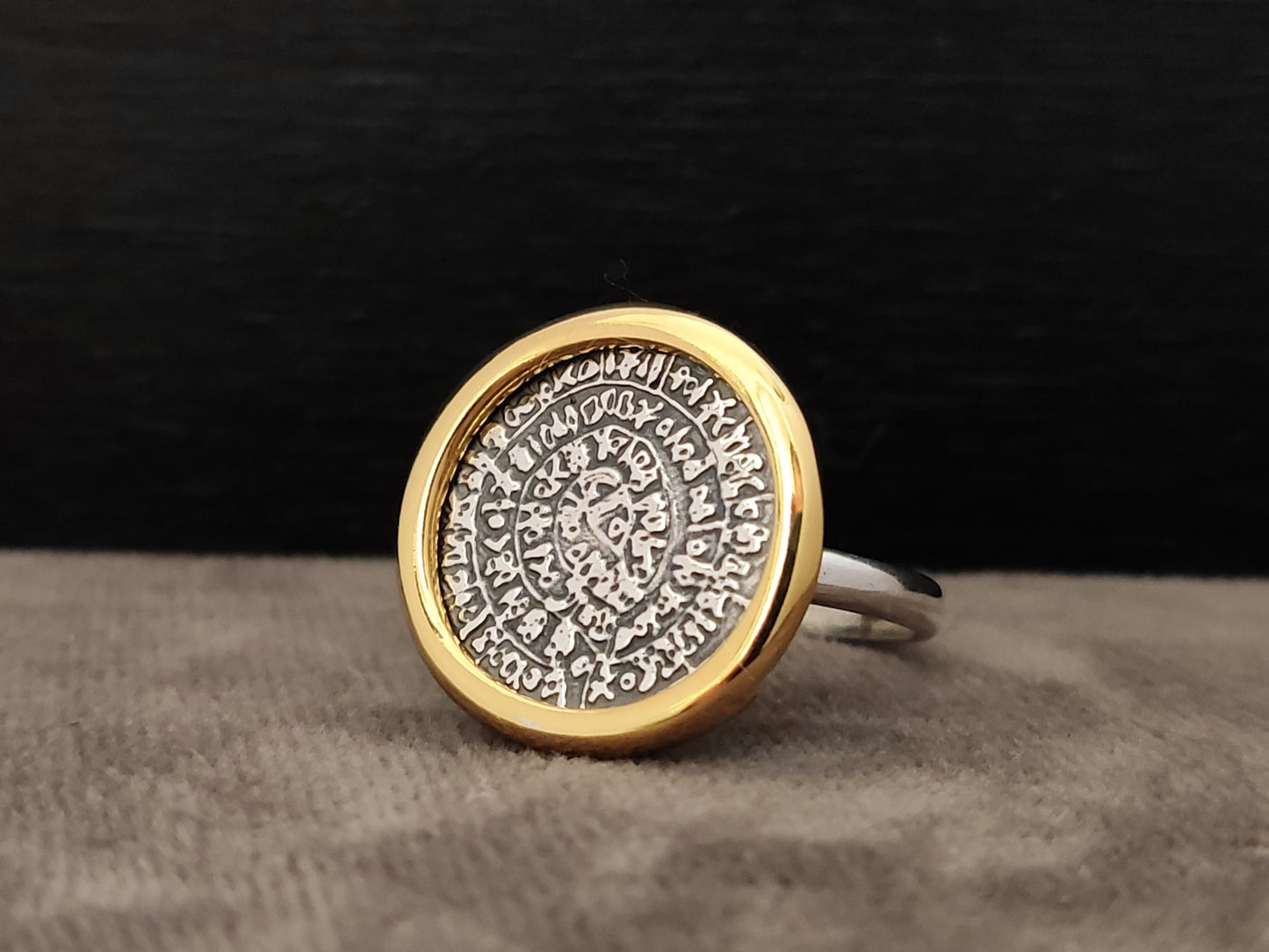 Phaistos-Disc-Ring aus griechischem Silber, vergoldet, 18 mm