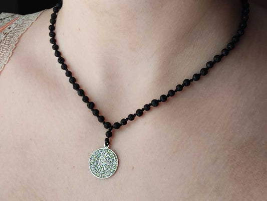 Handcrafted Minoan Phaistos Disc Sterling Silver Necklace with Natural Volcanic Black Lava Stones - Greek Silver Jewelry