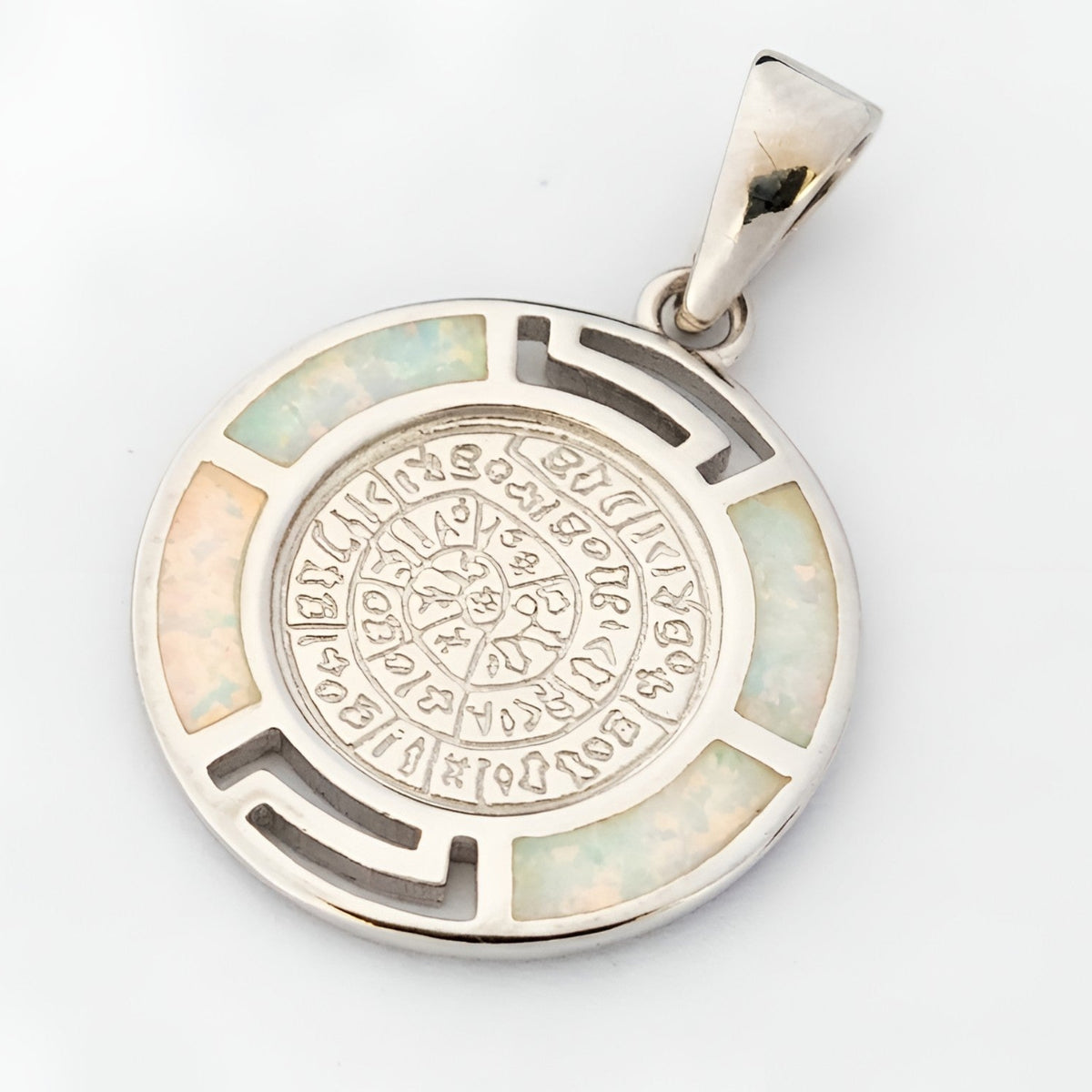 Sterling silver 925 white opal Phaistos Disc pendant