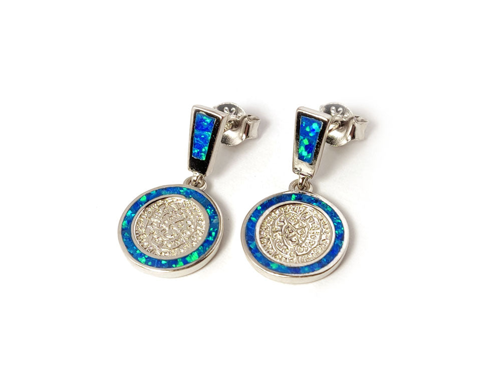 Phaistos Disc Blue Opal Silver Earrings 24x10mm