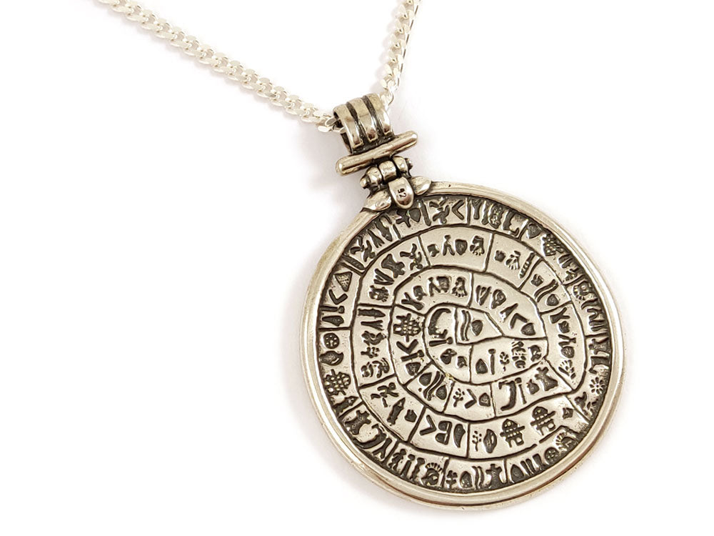 Phaistos disc made of Sterling Silver 95 measuring 41mm on a stylish and strong silver chain of 3.5 mm width.