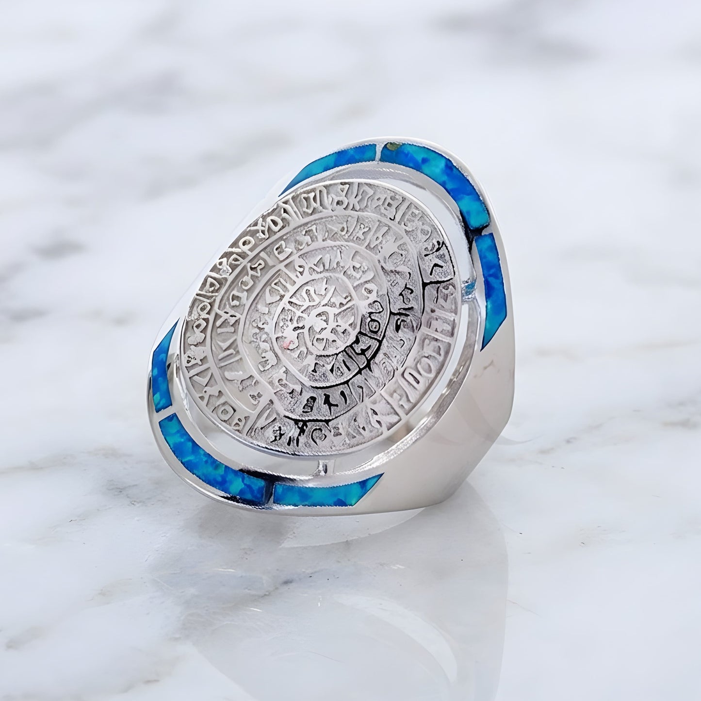 Sterling silver 925 blue opal Phaistos Disc ring made in Greece