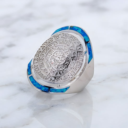 Sterling silver 925 blue opal Phaistos Disc ring made in Greece