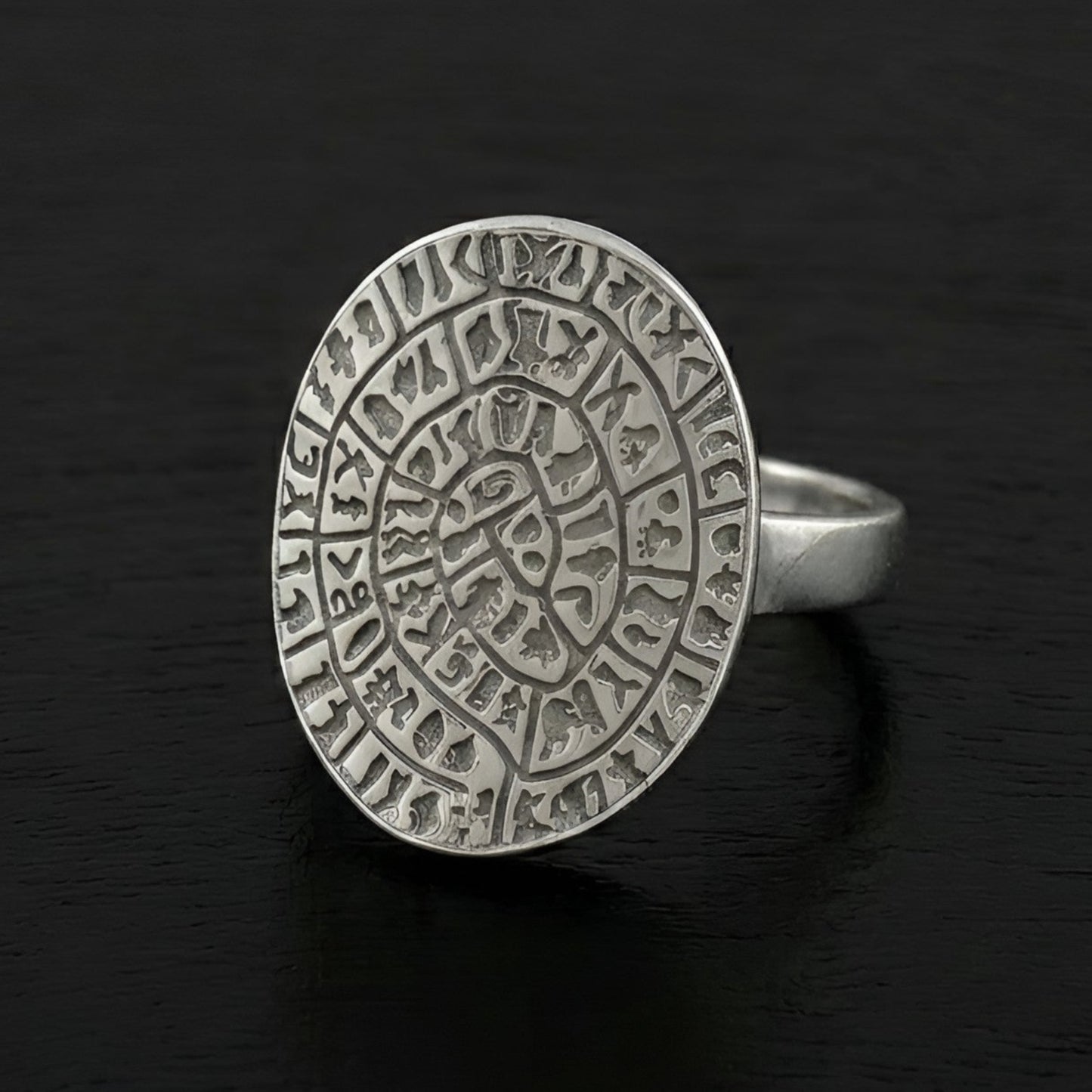 Greek 925 silver oval ring with Phaistos Disc symbols