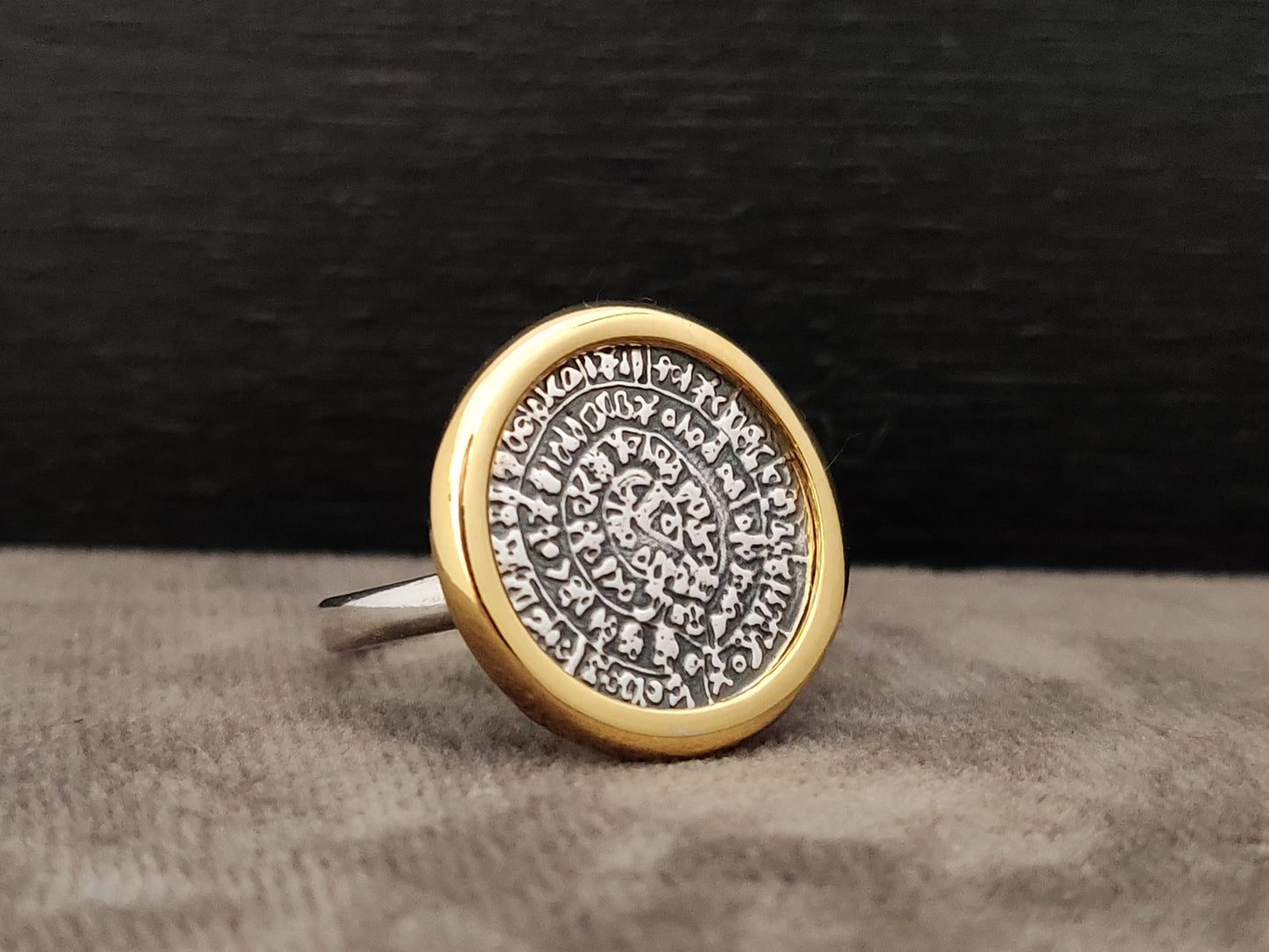 Phaistos-Disc-Ring aus griechischem Silber, vergoldet, 18 mm