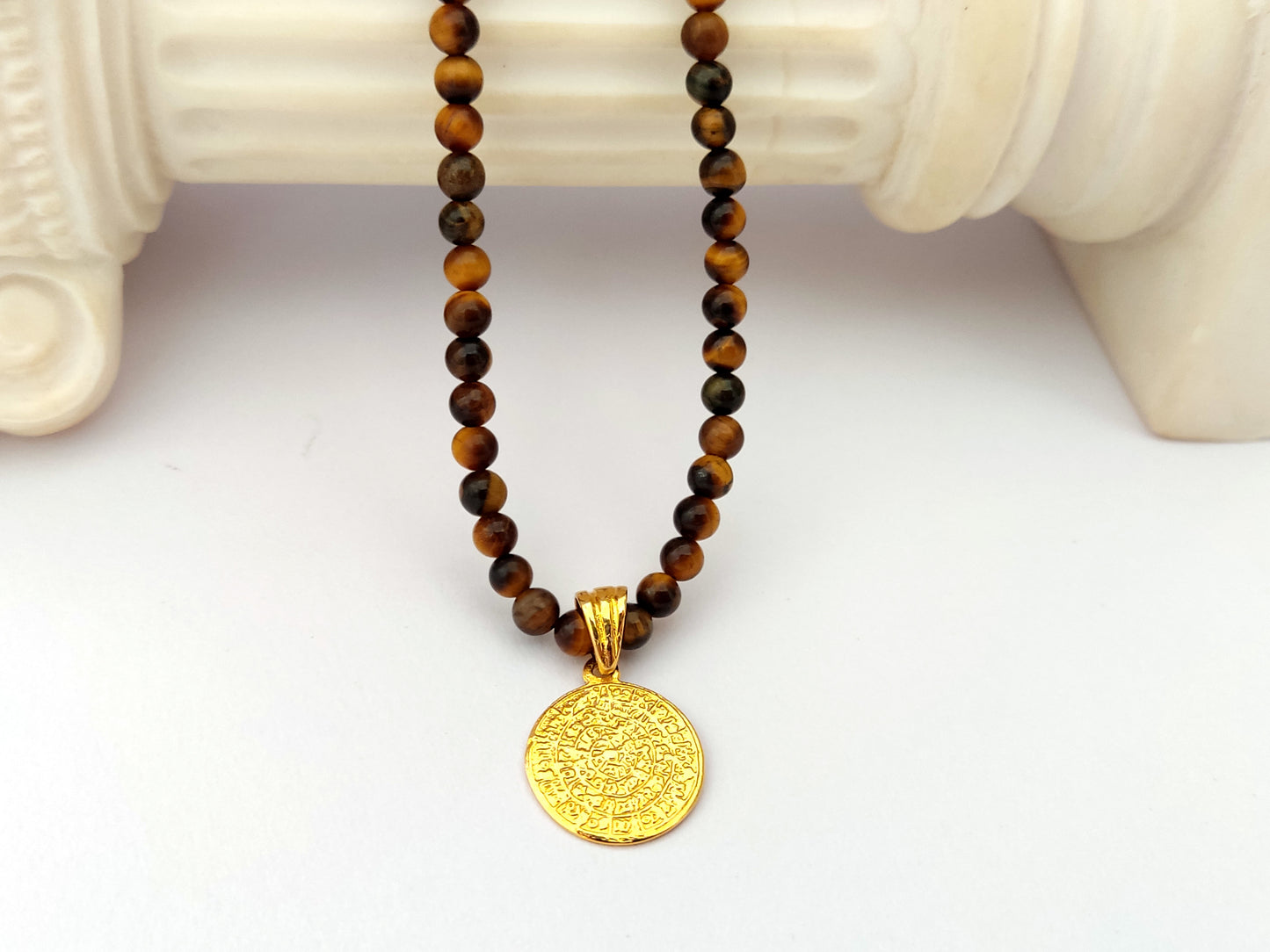 Sterling Silver 925 Greek Phaistos Disc Gold Plated Pendant 17mm | Tiger's Eye Stones Necklace