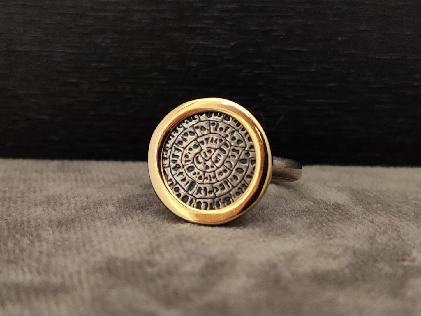 Phaistos Disc Greek Silver Gold Plated Ring 15mm