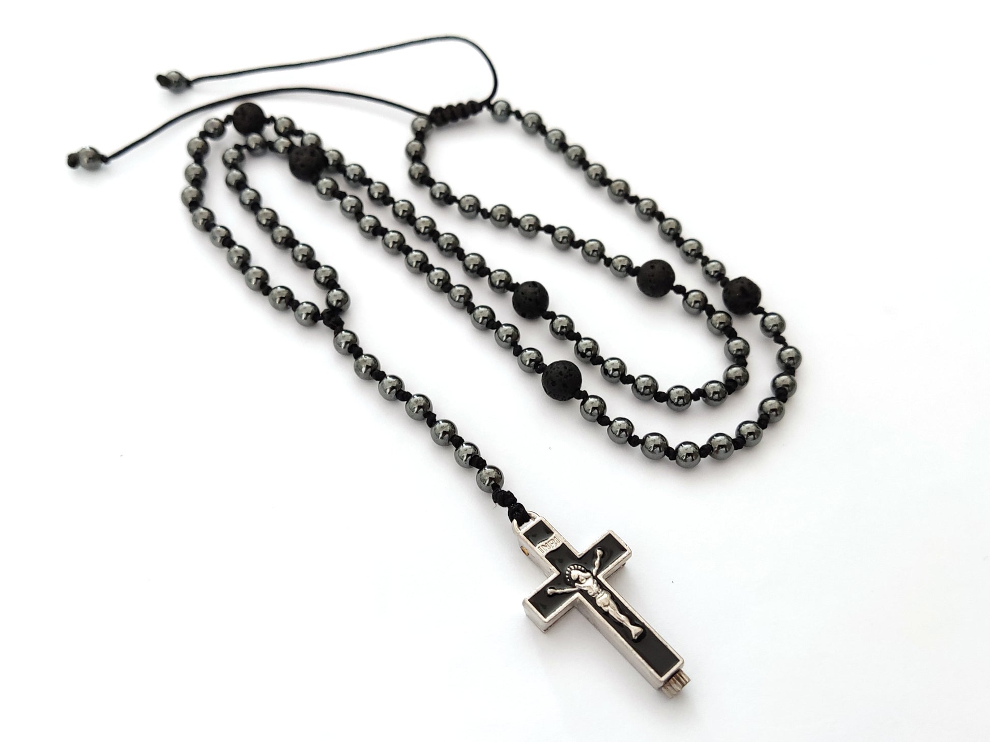 Rosary necklace made of natural hematite stones and stainless steel cross.