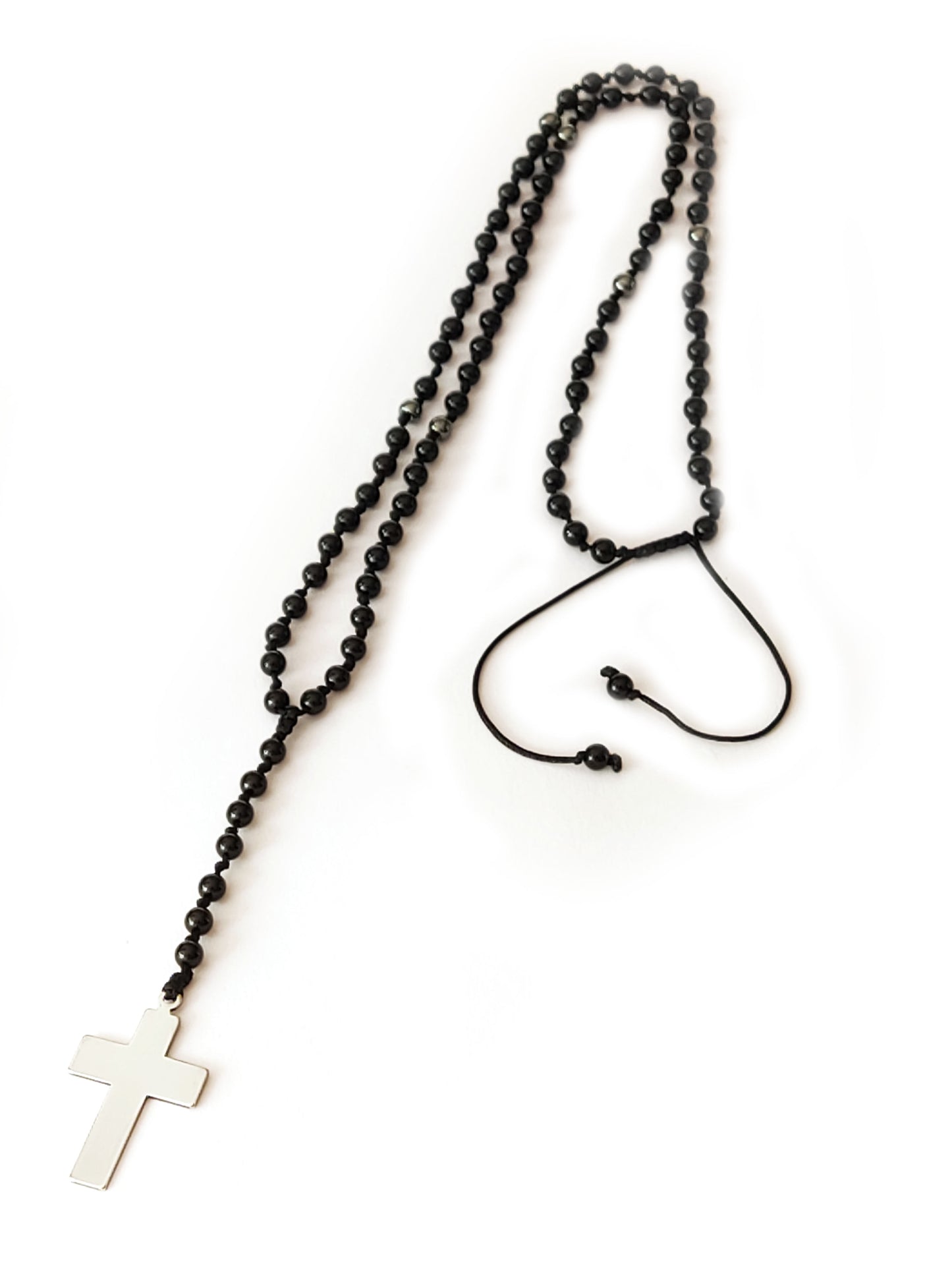 Handgefertigte Rosenkranz-Kreuz-Halskette aus schwarzem Onyx