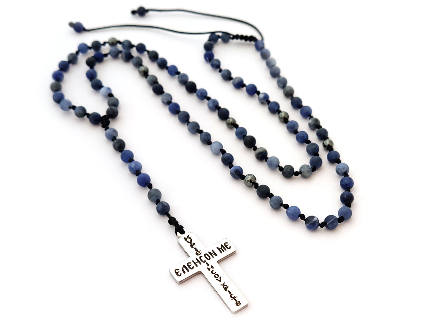Greek Cross Necklace with Genuine Blue Sodalite Stones