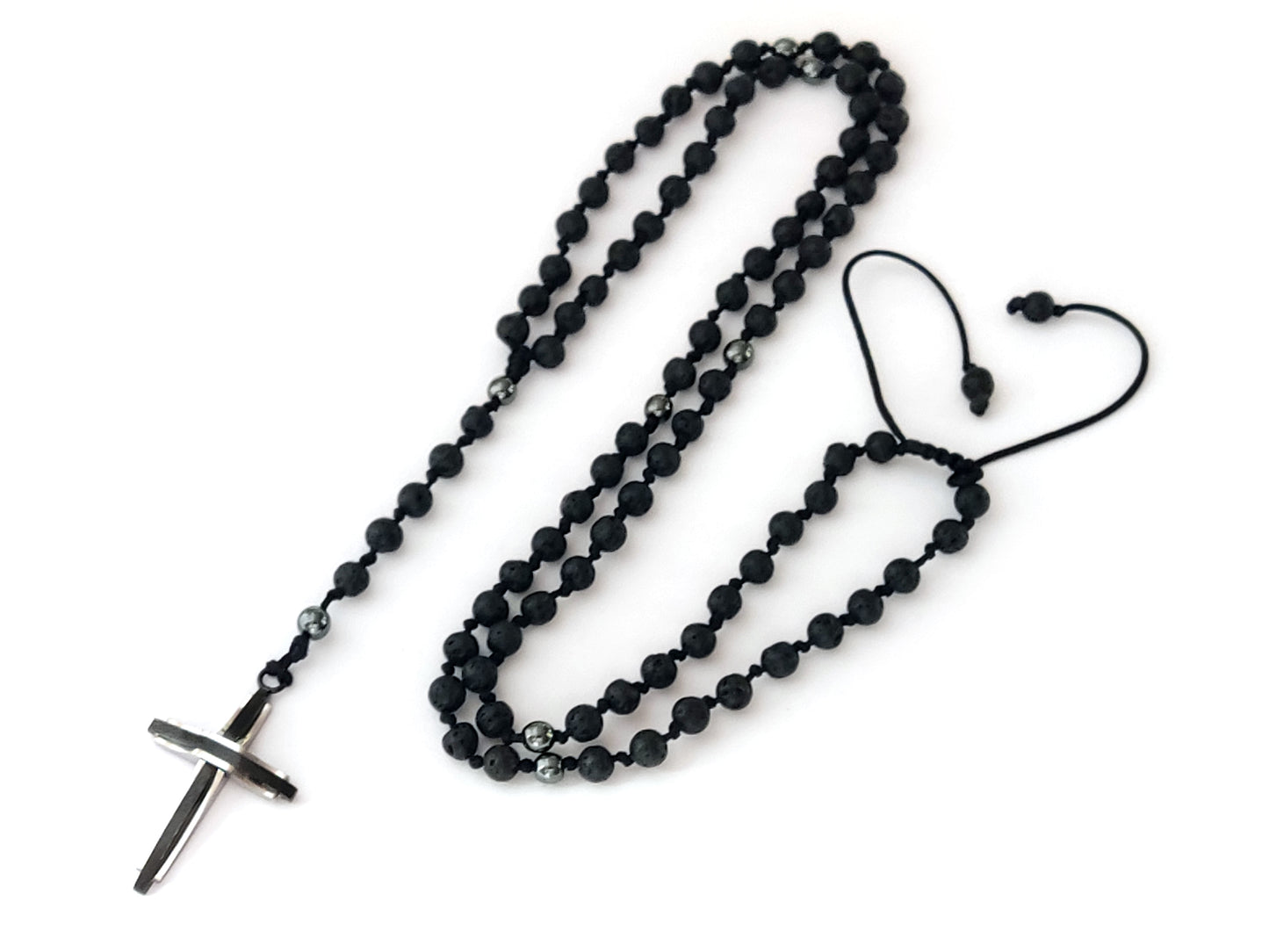 Handgefertigte Rosenkranz-Halskette mit natürlichen schwarzen Lava- und Hämatitsteinen | Edelstahlkreuz | Einstellbare Länge | Hergestellt in Griechenland