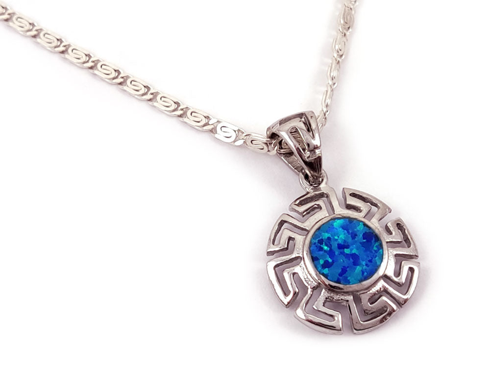 Sterling silver 925 pendant featuring a blue opal stone and Greek key infinity design.
