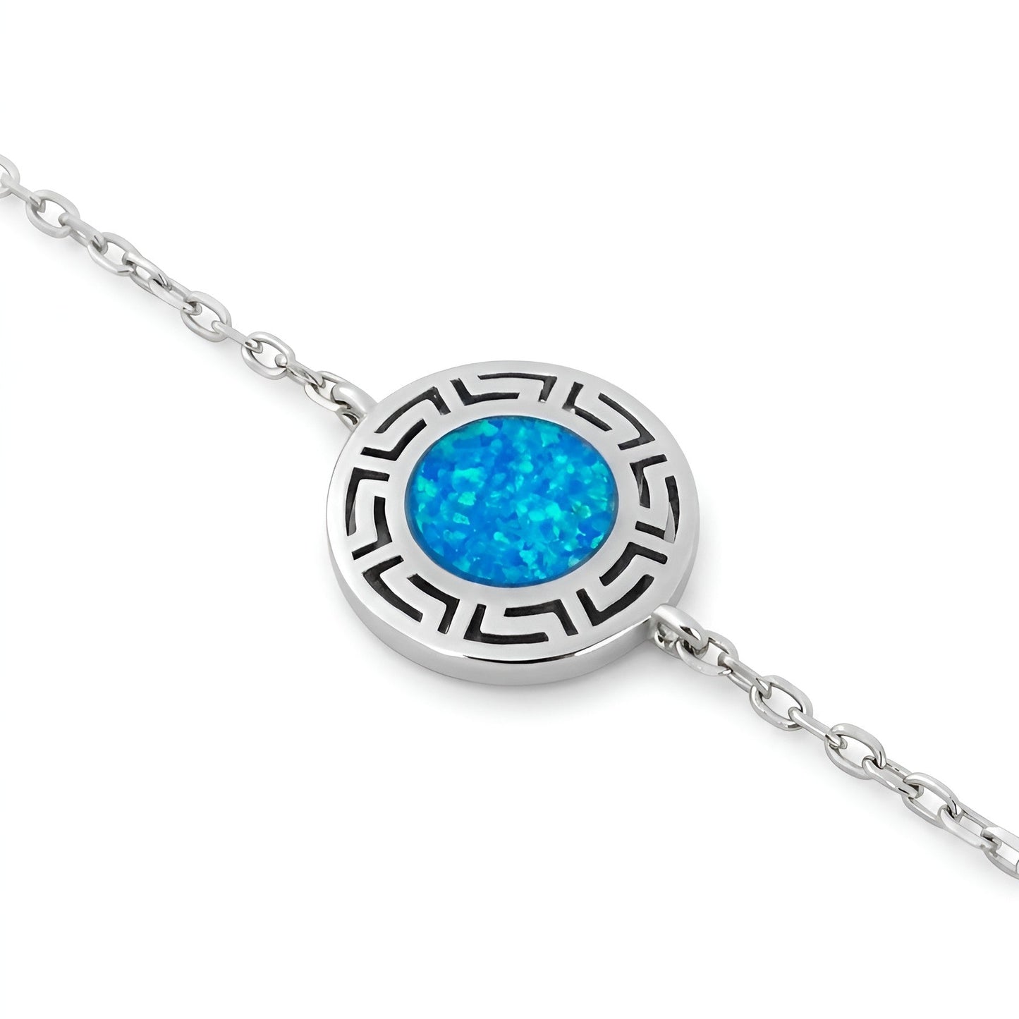 Adjustable 925 silver Greek Key bracelet with blue opal