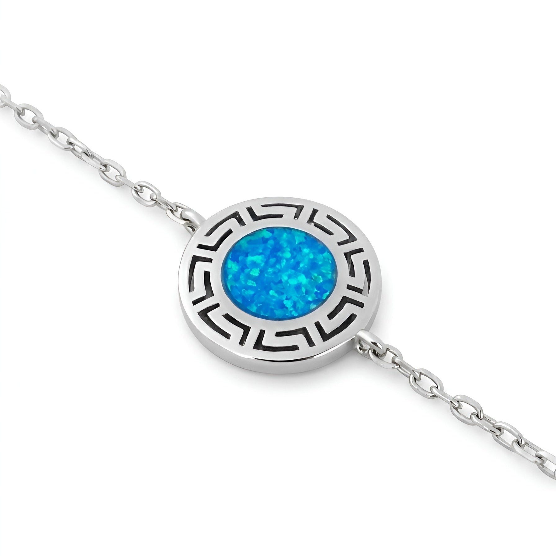 Adjustable 925 silver Greek Key bracelet with blue opal