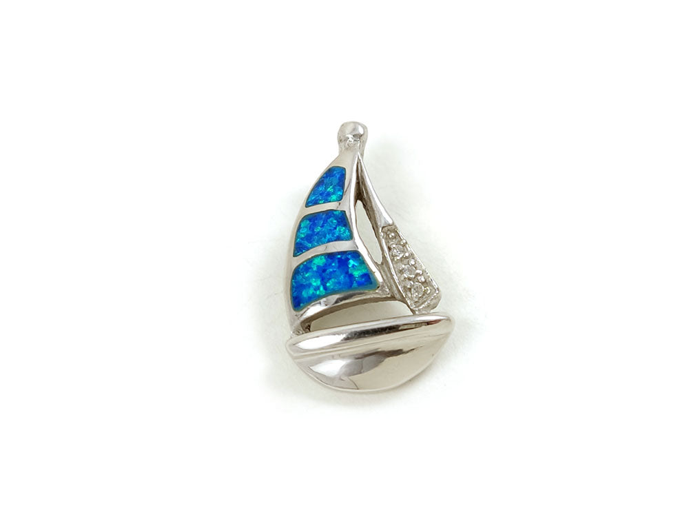 Blue Opal Sailboat Greek Silver Pendant 22x13mm