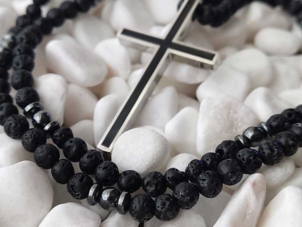 Lava Stones Stainless Steel Cross Greek Necklace