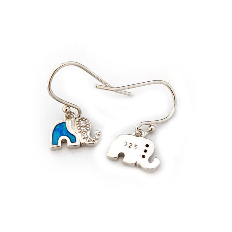 Pair of silver elephant earrings with blue and green accents on a white background