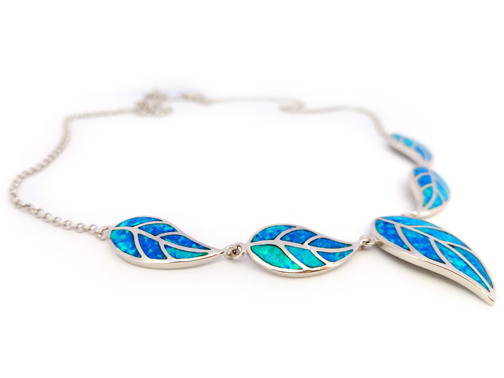 "Close-up of Blue Opal Center Leaf Pendant on Silver Chain"

