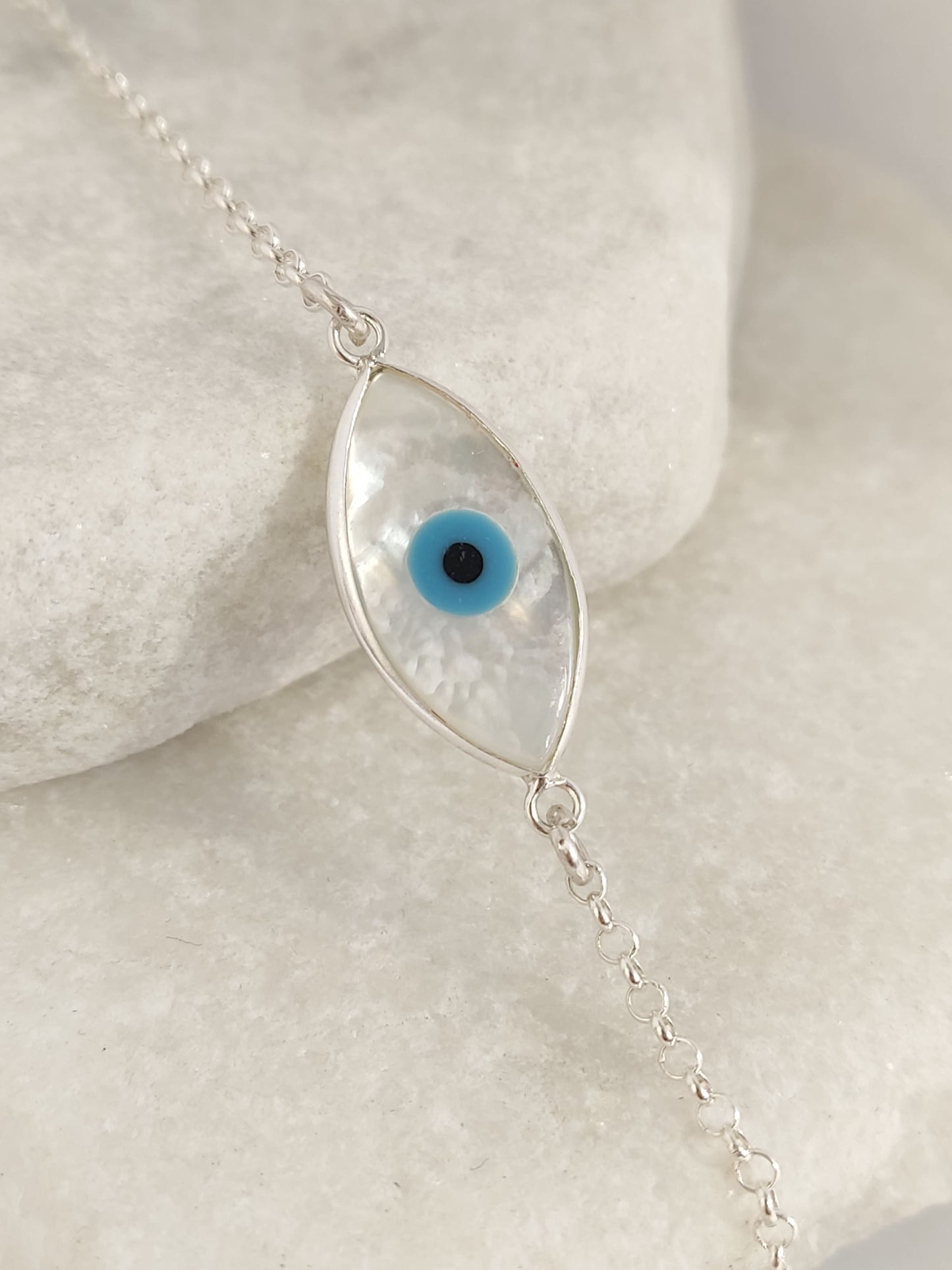 Sterling Silver 925 Mother of Pearl Evil Eye Bracelet