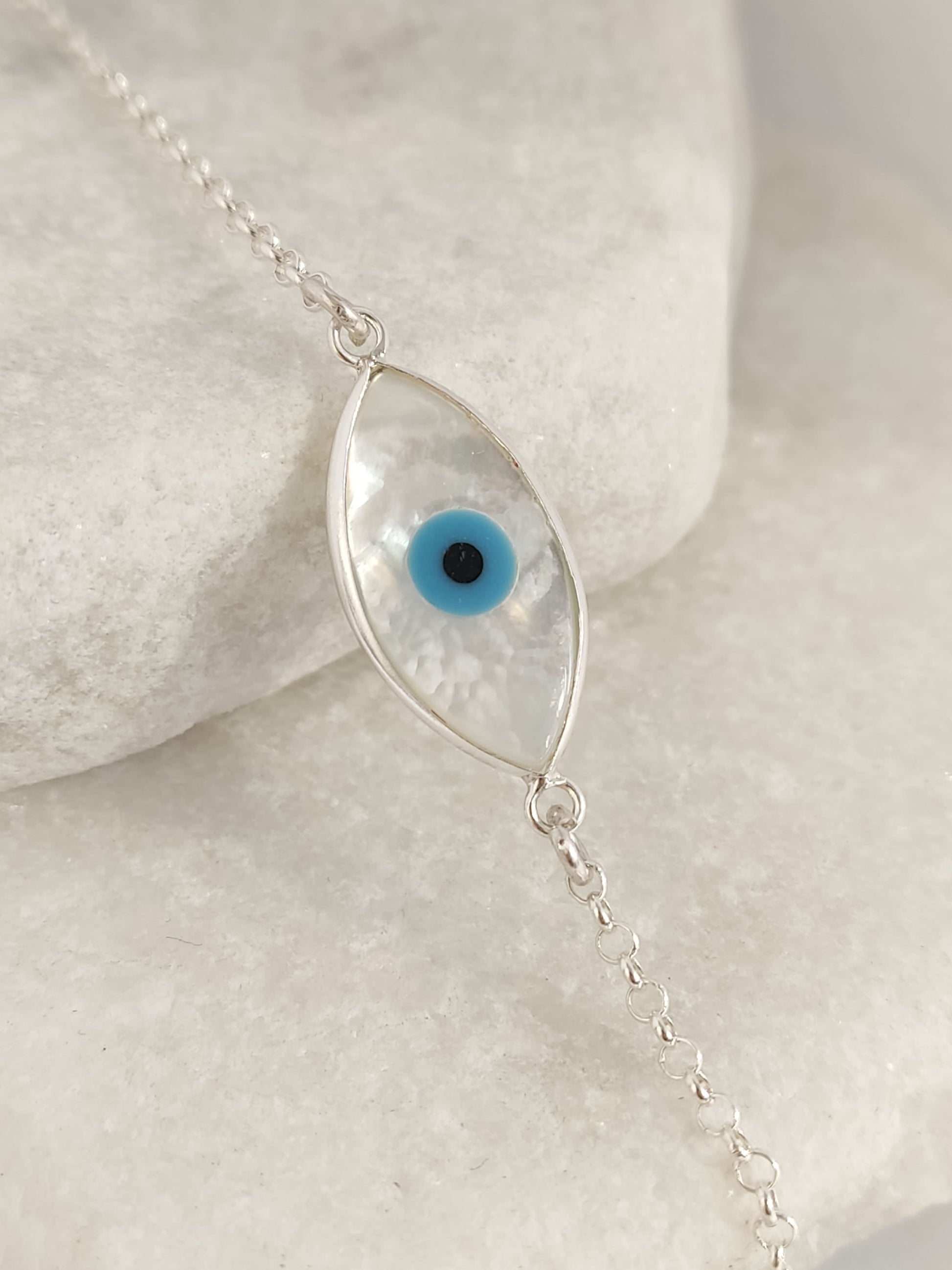 Sterling Silver 925 Mother of Pearl Evil Eye Bracelet