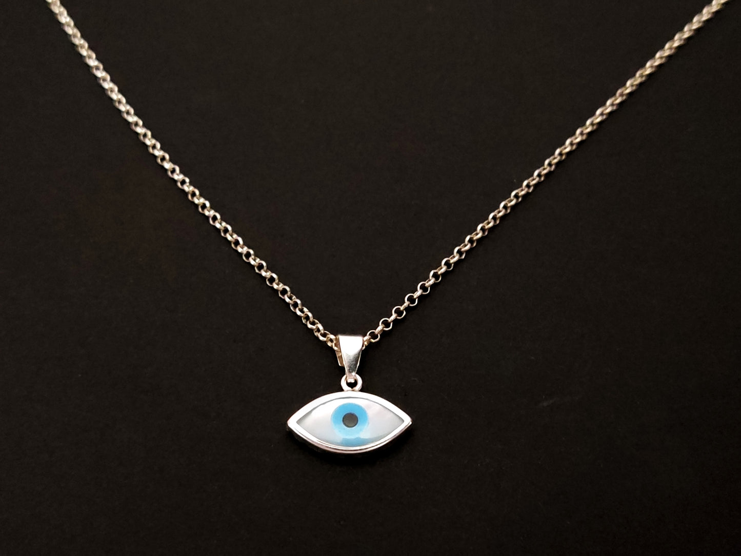 Greek Silver Mother of Pearl Evil Eye Pendant 7x14 Necklace