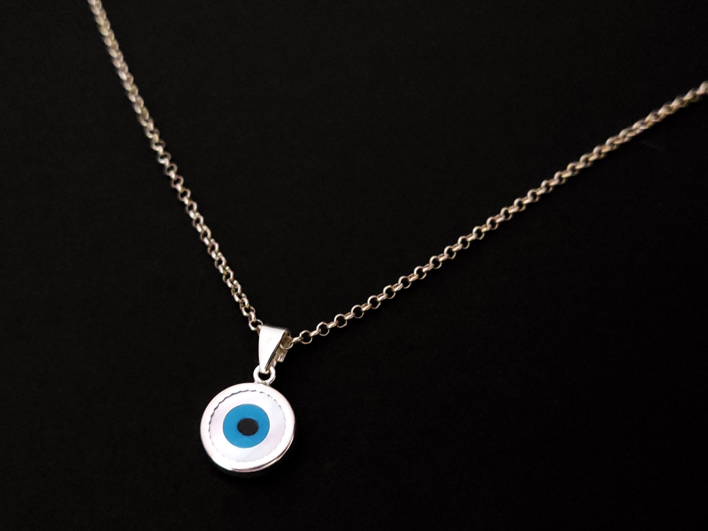 Greek Silver Mother Of Pearl Evil Eye 10mm Chain Pendant Necklace