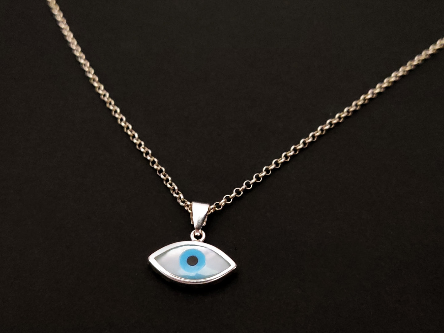 Greek Silver Mother of Pearl Evil Eye Pendant 7x14 Necklace