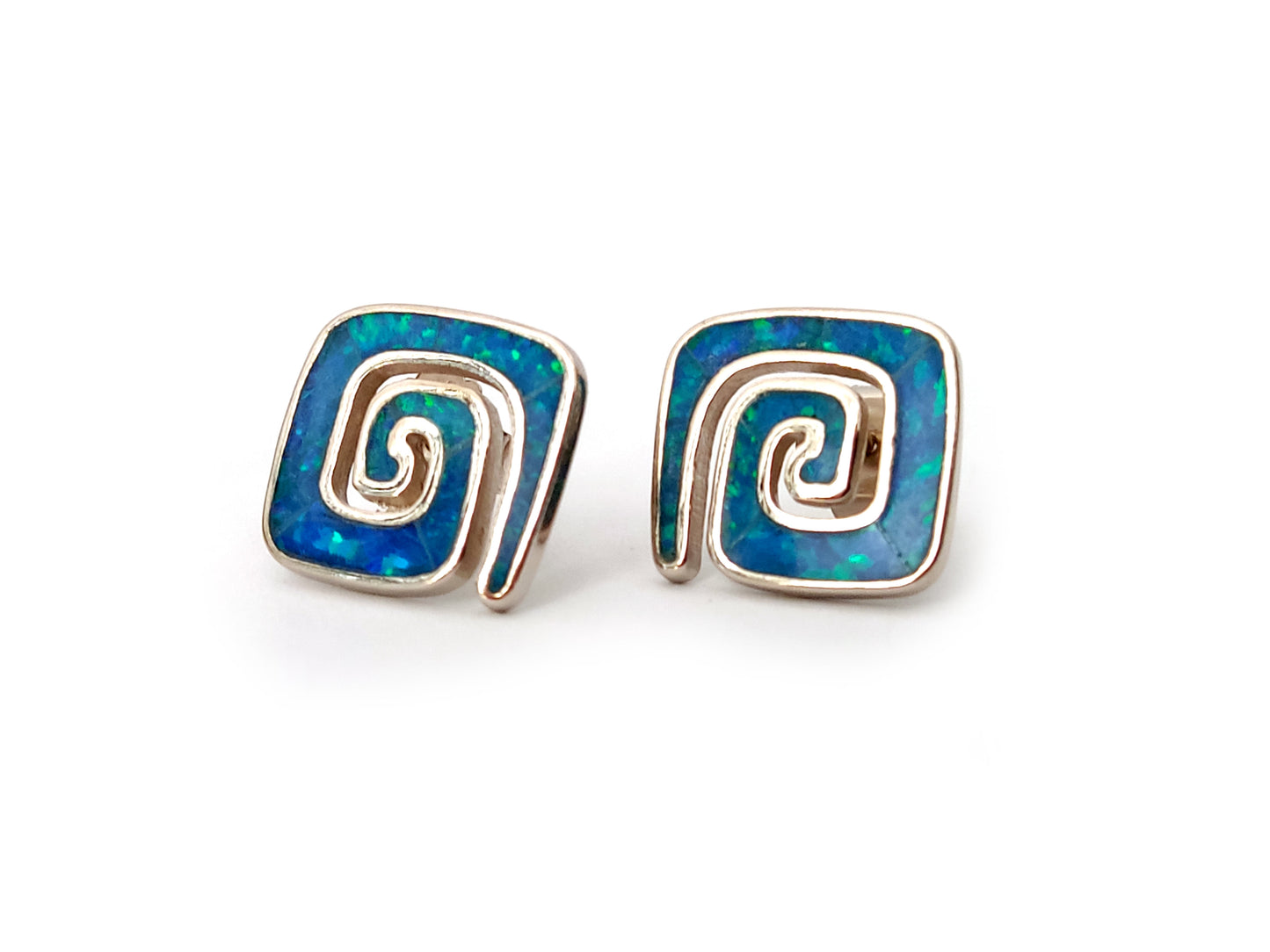 Greek Silver Earrings Blue Opal 12x12mm
