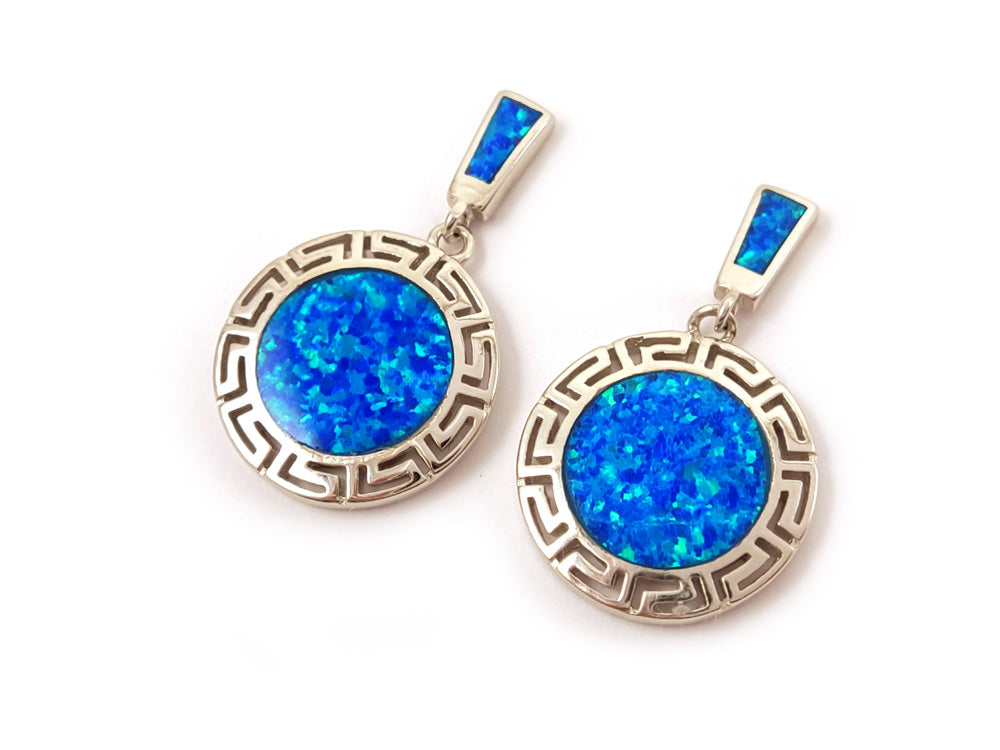 Elegant Sterling Silver Blue Opal Dangle Earrings, 29x17mm, Greek Key Design, Free Worldwide Shipping