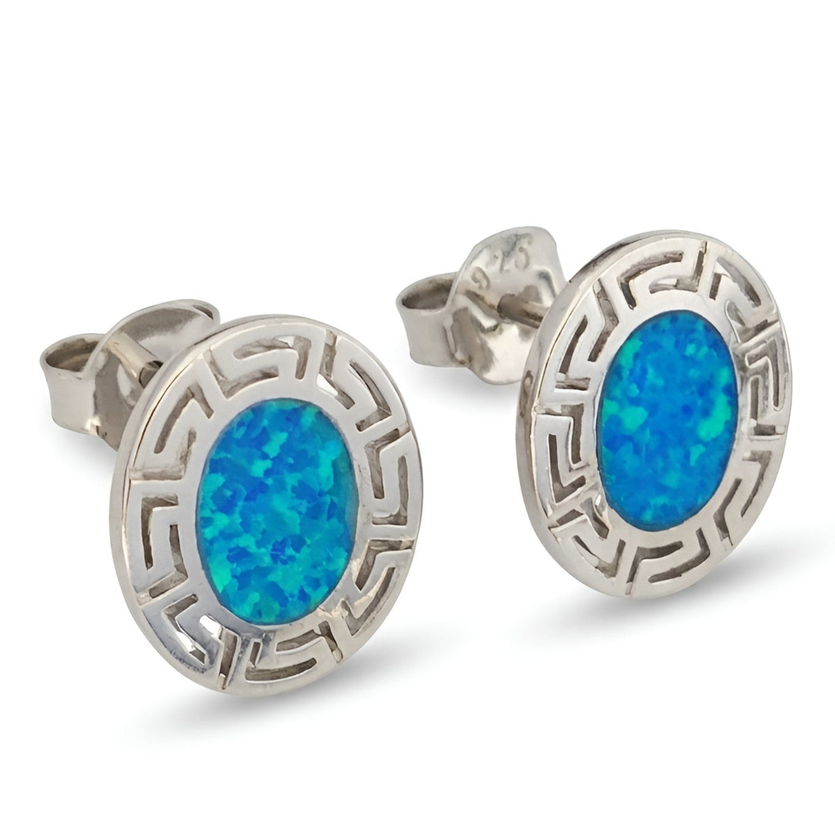 Greek key pattern silver earrings with blue opal details