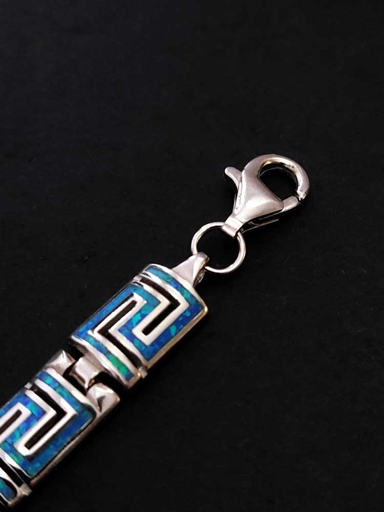 Greek Key Blue Opal Curved Silver Bracelet