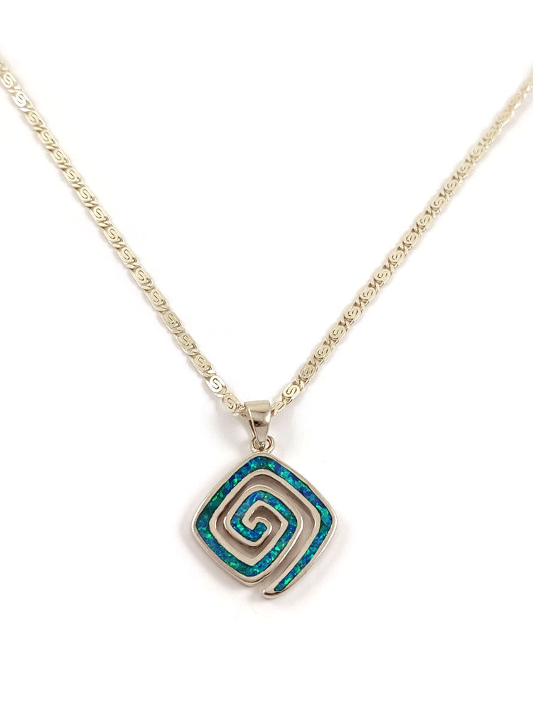 Greek Key Blue Opal Chain Pendant Necklace 15x15mm