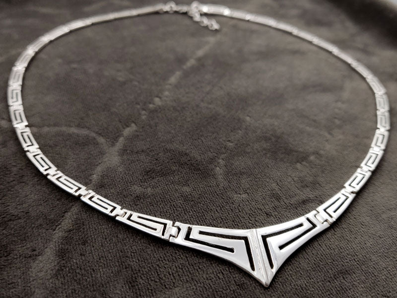 Greek Key Silver V Necklace