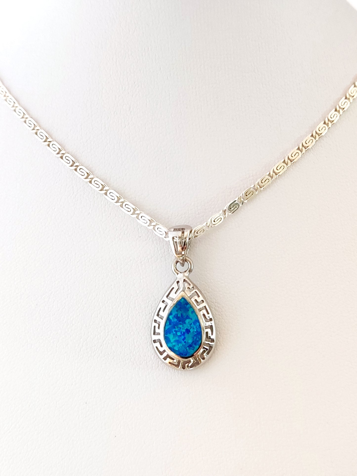 Blue Opal Silver Necklace With Drop Shape Pendant