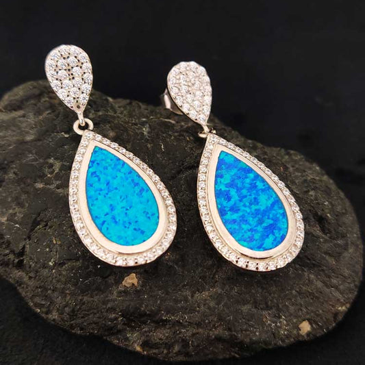 Sterling Silver 925 Blue Opal Drop Dangle Earrings handmade in Greece