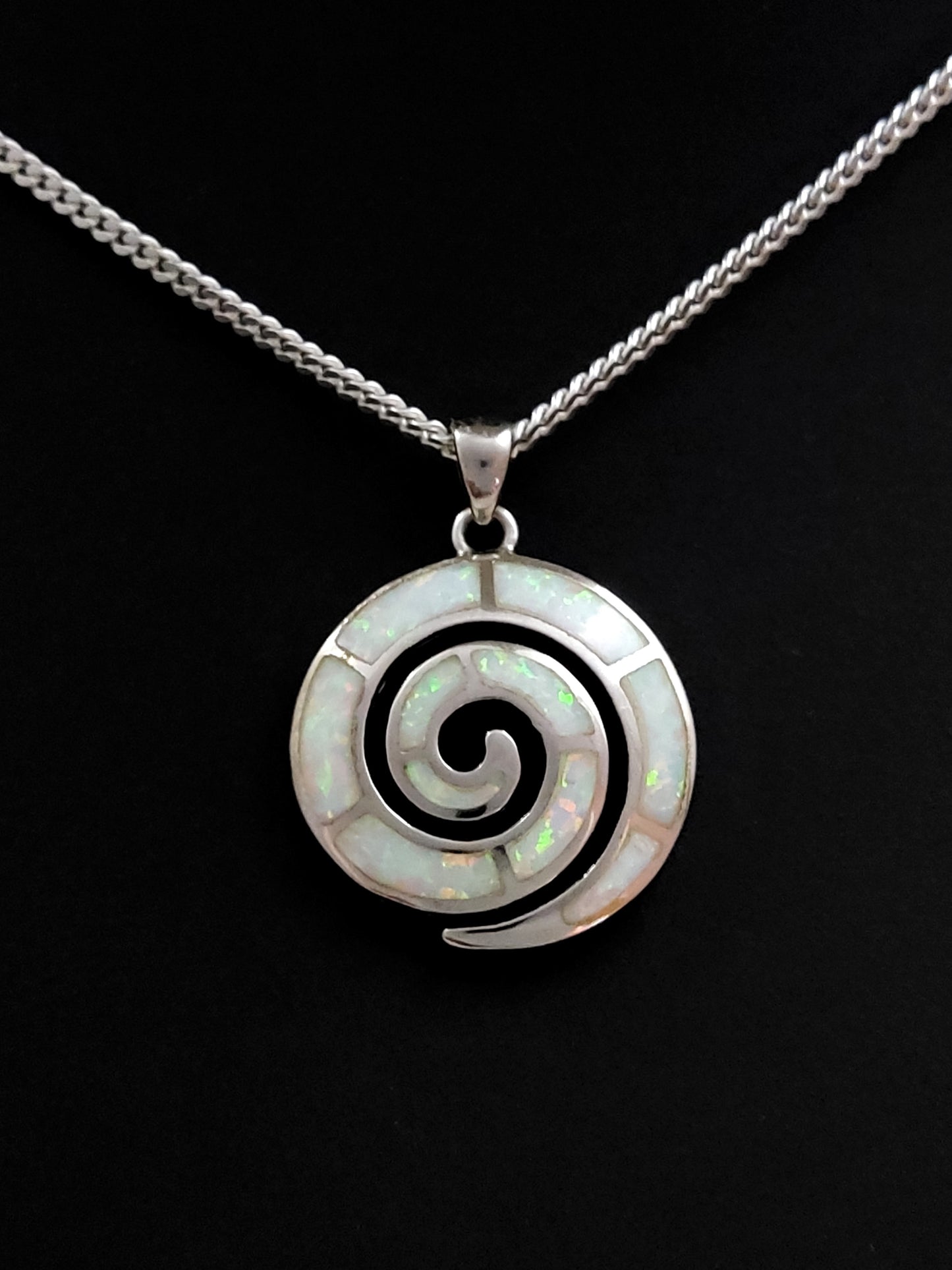 Greek Spiral White Opal Silver Pendant Necklace 23mm