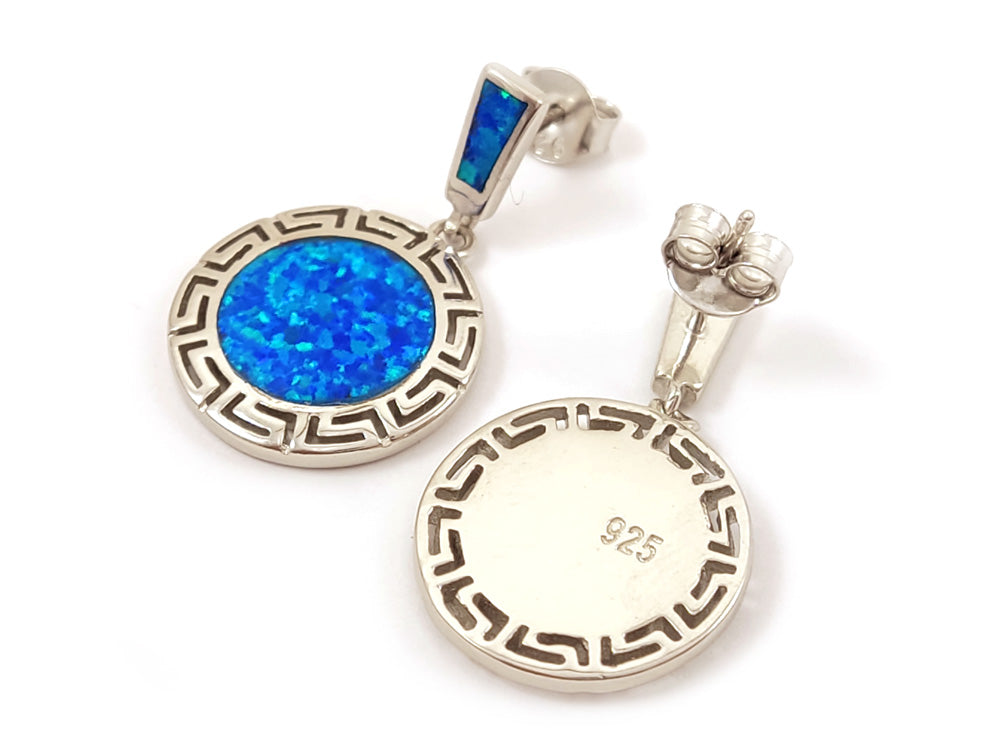 Greek Key Sterling Silver 925 Dangle Earrings with Blue Opal, 29x17mm, Handmade in Greece, 925 Hallmarked