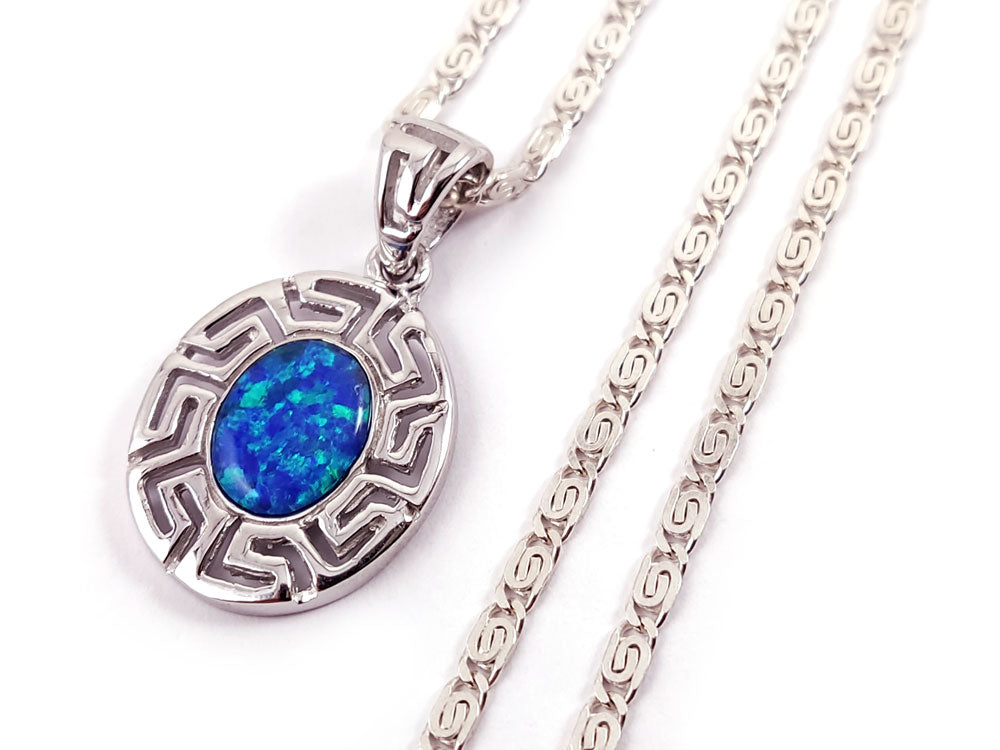 Sterling silver clasp with hallmark 925 on blue opal Greek key pendant necklace.





