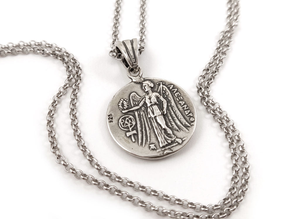 "Sterling Silver 925 Greek Goddess Athena design pendant, 20mm size, 2mm chain, hallmark 925, free worldwide shipping."
