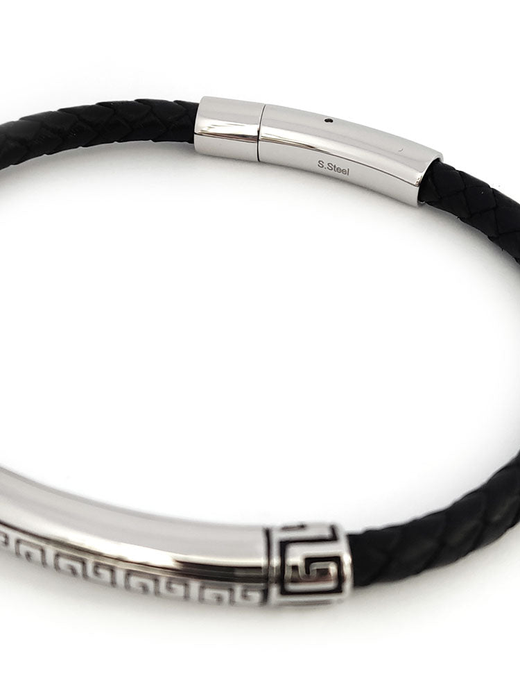 22 cm long black leather bracelet with stainless steel clasp

