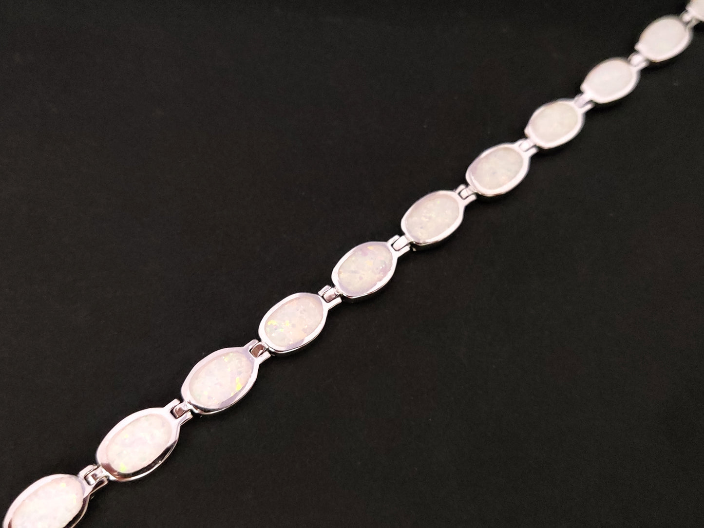 Sterling Silver 925 Fire Rainbow White Oval Opal Stones Greek Bracelet
